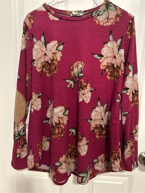 Floral Elbow-Patch Long-Sleeve Top - Raspberry Pink